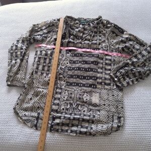 Lauren Ralph Lauren Ikat Black Tan Pull Over Long Sleeve Blouse